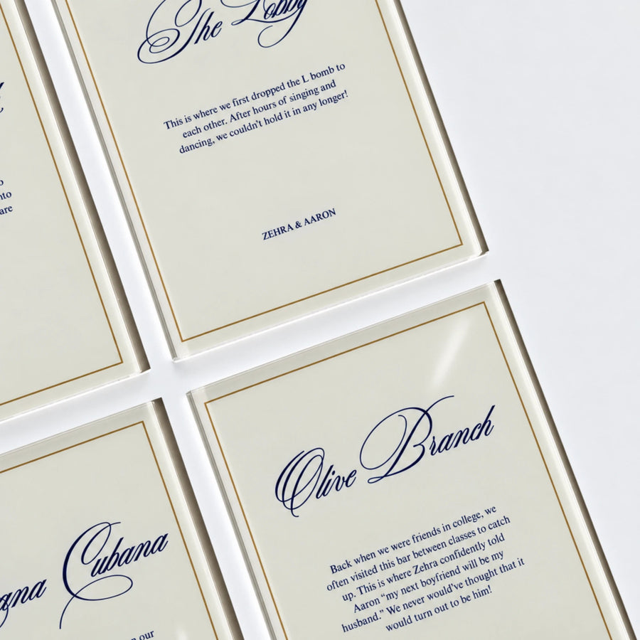 Acrylic bar and table story signs in navy script with a gold border
