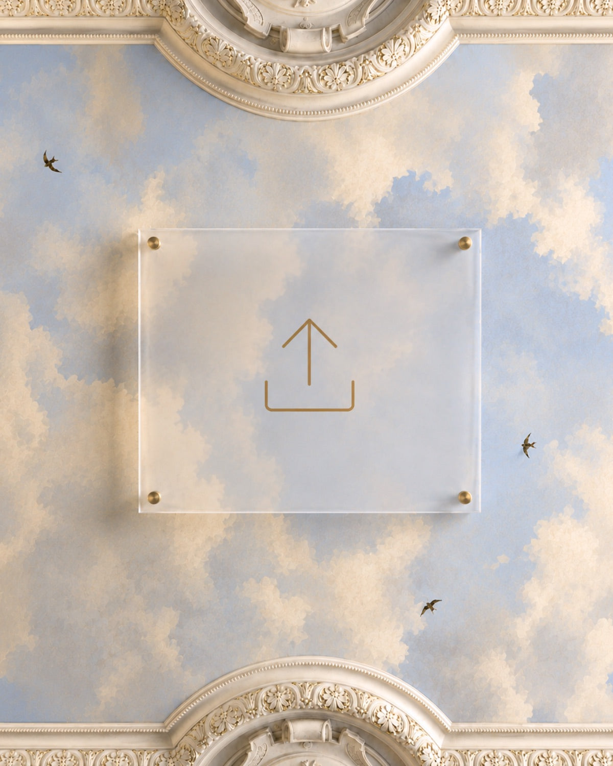 Clear acrylic wedding sign with an upload icon mounted on a painted sky ceiling