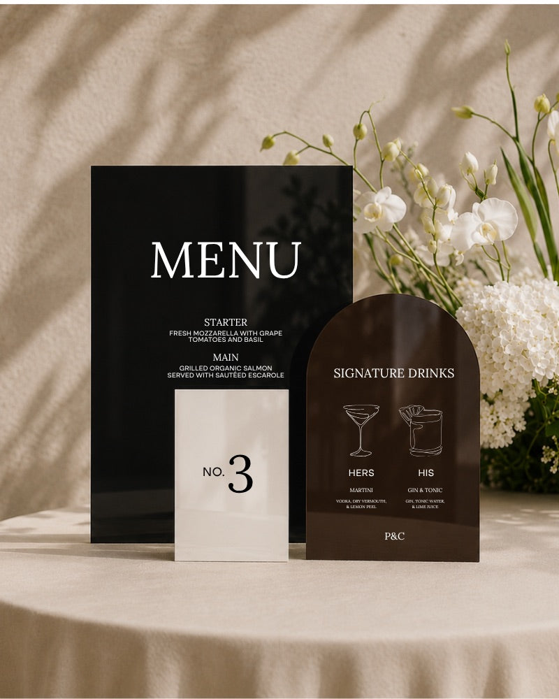 Wedding reception menu sign, table number, and signature drinks bar sign