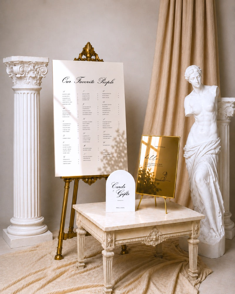 Wedding seating chart with cards and gifts, favors, and in-loving-memory signs