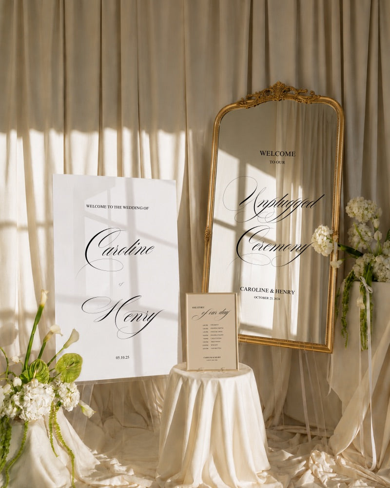 Custom welcome sign and unplugged ceremony mirror sign for a wedding
