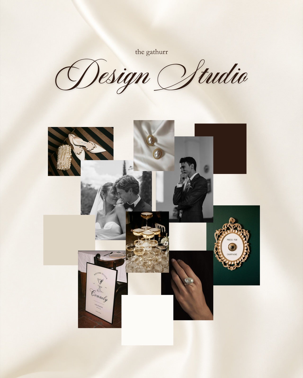 The Gathurr Design Studio vision board cover — an editorial collage of wedding attire, jewellery and decor inspiration