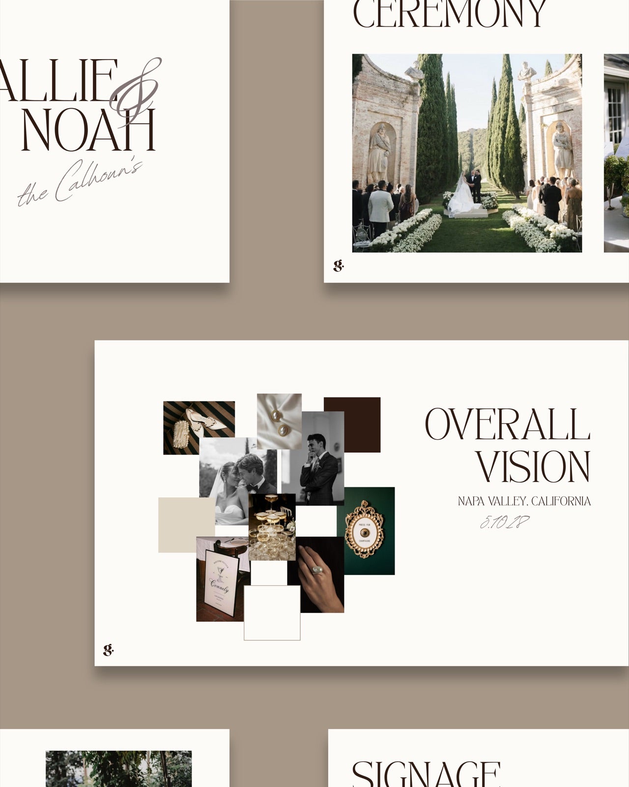 A Gathurr Design Studio presentation — the couple's name lockup, ceremony direction and overall vision board for a Napa Valley wedding