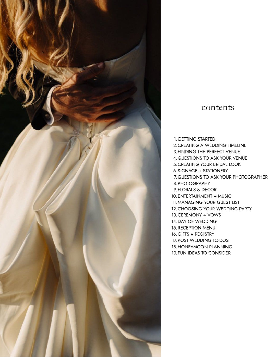 The contents page of the free gathurr wedding planning guide, listing nineteen chapters