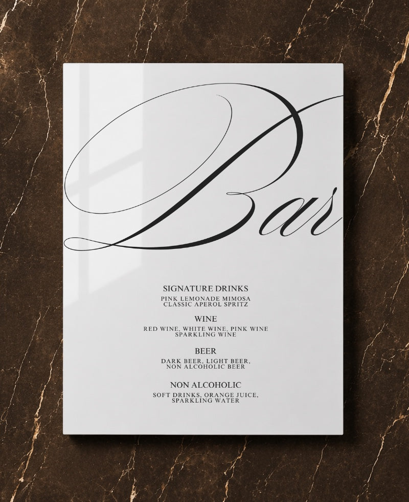 Wedding bar sign listing signature drinks