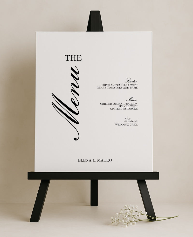 Wedding menu sign on a reception table